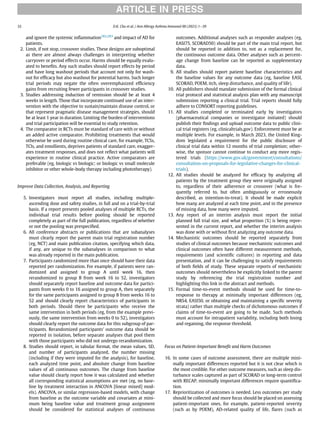 and ignore the systemic inﬂammation282,283
and impact of AD for
patients.
2. Limit, if not stop, crossover studies. These designs are suboptimal
as there are almost always challenges in interpreting whether
carryover or period effects occur. Harms should be equally evalu-
ated to beneﬁts. Any such studies should report effects by period
and have long washout periods that account not only for wash-
out for efﬁcacy but also washout for potential harms. Such longer
trial periods may negate the often overemphasized efﬁciency
gains from recruiting fewer participants in crossover studies.
3. Studies addressing induction of remission should be at least 4
weeks in length. Those that incorporate continued use of an inter-
vention with the objective to sustain/maintain disease control, or
that represent pragmatic disease management strategies, should
be at least 1 year in duration. Limiting the burden of interventions
and trial participation will be essential to study retention.
4. The comparator in RCTs must be standard of care with or without
an added active comparator. Prohibiting treatments that would
otherwise be used during routine clinical care, for example, TCSs,
TCIs, and emollients, deprives patients of standard care, exagger-
ates treatment responses, and does not reﬂect what patients will
experience in routine clinical practice. Active comparators are
preferable (eg, biologic vs biologic; or biologic vs small molecule
inhibitor or other whole-body therapy including phototherapy).
Improve Data Collection, Analysis, and Reporting
5. Investigators must report all studies, including multiple-
ascending dose and safety studies, in full and on a trial-by-trial
basis. If a report presents pooled analyses of multiple RCTs, the
individual trial results before pooling should be reported
completely as part of the full publication, regardless of whether
or not the pooling was prespeciﬁed.
6. All conference abstracts or publications that are subanalyses
must clearly report the parent main trial registration number
(eg, NCT) and main publication citation, specifying which data,
if any, are unique to the subanalyses in comparison to what
was already reported in the main publication.
7. Participants randomized more than once should have their data
reported per randomization. For example, if patients were ran-
domized and assigned to group A until week 16, then
rerandomized to group B from week 16 to 52, investigators
should separately report baseline and outcome data for partici-
pants from weeks 0 to 16 assigned to group A, then separately
for the same participants assigned to group B from weeks 16 to
52 and should clearly report characteristics of participants in
both periods. Should there be participants who receive the
same intervention in both periods (eg, from the example previ-
ously, the same intervention from weeks 0 to 52), investigators
should clearly report the outcome data for this subgroup of par-
ticipants. Rerandomized participants’ outcome data should be
reported in isolation, before separate analyses that pool them
with those participants who did not undergo rerandomization.
8. Studies should report, in tabular format, the mean values, SD,
and number of participants analyzed, the number missing
(including if they were imputed for the analysis), for baseline,
each analyzed time point, and absolute change from baseline
values of all continuous outcomes. The change from baseline
value should clearly report how it was calculated and whether
all corresponding statistical assumptions are met (eg, no base-
line by treatment interaction in ANCOVA [linear mixed] mod-
els). ANCOVA, or similar regression-based models, with change
from baseline as the outcome variable and covariates at mini-
mum being baseline value and treatment group assignment
should be considered for statistical analyses of continuous
outcomes. Additional analyses such as responder analyses (eg,
EASI75, SCORAD50) should be part of the main trial report, but
should be reported in addition to, not as a replacement for,
the continuous outcome data. Other analyses such as percent-
age change from baseline can be reported as supplementary
data.
9. All studies should report patient baseline characteristics and
the baseline values for any outcome data (eg, baseline EASI,
SCORAD, POEM, itch, sleep disturbance, and quality of life).
10. All publishers should mandate submission of the formal clinical
trial protocol and statistical analysis plan with any manuscript
submission reporting a clinical trial. Trial reports should fully
adhere to CONSORT reporting guidelines.
11. All studies completed or terminated early by investigators
(pharmaceutical companies or investigator initiated) should
publish their ﬁndings and upload outcome data to public clini-
cal trial registers (eg, clinicaltrials.gov). Enforcement must be at
multiple levels. For example, in March 2023, the United King-
dom legislated a requirement for the public disclosure of
clinical trial data within 12 months of trial completion; other-
wise, the sponsor cannot continue to conduct any more regis-
tered trials (https://www.gov.uk/government/consultations/
consultation-on-proposals-for-legislative-changes-for-clinical-
trials).
12. All studies should be analyzed for efﬁcacy by analyzing all
patients by the treatment group they were originally assigned
to, regardless of their adherence or crossover (what is fre-
quently referred to, but often ambiguously or erroneously
described, as intention-to-treat). It should be made explicit
how many are analyzed at each time point, and in the presence
of missing data, how many were imputed.
13. Any report of an interim analysis must report the initial
planned full trial size, and what proportion (%) is being repre-
sented in the current report, and whether the interim analysis
was done with or without ﬁrst analyzing any outcome data.
14. Mechanistic outcomes should be reported separately from
studies of clinical outcomes because mechanistic outcomes and
clinical outcomes often have different measurement methods,
requirements (and scientiﬁc cultures) in reporting and data
presentation, and it can be challenging to satisfy requirements
of both ﬁelds of study. These separate reports of mechanistic
outcomes should nevertheless be explicitly linked to the parent
study by referencing the trial registration number and
highlighting this link in the abstract and methods.
15. Formal time-to-event methods should be used for time-to-
response to therapy at minimally important differences (eg,
NRS4, EASI50, or obtaining and maintaining a speciﬁc severity
strata) rather than multiple checks of dichotomous outcomes if
claims of time-to-event are going to be made. Such methods
must account for intrapatient variability, including both losing
and regaining, the response threshold.
Focus on Patient-Important Beneﬁt and Harm Outcomes
16. In some cases of outcome assessment, there are multiple mini-
mally important differences reported but it is not clear which is
the most credible. For other outcome measures, such as sleep dis-
turbance scales captured as part of SCORAD or long-term control
with RECAP, minimally important differences require quantiﬁca-
tion.
17. Reprioritization of outcomes is needed. Less outcomes per study
should be collected and more focus should be placed on assessing
patient-important ones, for example, patient-reported severity
(such as by POEM), AD-related quality of life, ﬂares (such as
ARTICLE IN PRESS
32 D.K. Chu et al. / Ann Allergy Asthma Immunol 00 (2023) 1−39
 