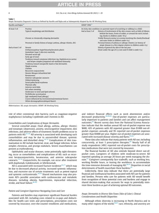 role of other commensal skin bacteria such as coagulase-negative
staphylococci including S epidimidis and S hominis in AD.
Comorbidities and Complications of Atopic Dermatitis
Several comorbid atopic (food allergy, asthma, allergic rhinitis)
and nonatopic (depression, anxiety, neurocognitive impairment, skin
infections, and adverse effects of treatment) health problems occur in
patients with AD.65-69
AD severity is associated with developing such
comorbidities and may be due to uncontrolled disease, systemic
inﬂammation, and disturbed sleep.70-72
Complications of skin trau-
matization in AD include bacterial, viral, and fungal infection, lichen
simplex chronicus, and prurigo nodularis. Severe exacerbations can
present as erythroderma.
Ophthalmic and ocular diseases, some potentially sight-threaten-
ing, occur as comorbidities and complications of AD, such as recur-
rent keratoconjunctivitis, keratoconus, and anterior subcapsular
cataracts.73-75
Conjunctivitis, for example, can occur after treatment
with dupilumab, tralokinumab, or lebrikizumab.
AD is associated with increased fracture incidence76,77
which may
be due to decreased physical activity, increased systemic inﬂamma-
tion, and excessive use of certain treatments such as potent topical
and systemic corticosteroids.78,79
Shared mechanisms may also pro-
mote AD’s possible association with cardiovascular and metabolic
diseases, including obesity, hypertension, myocardial infarction,
stroke, and heart failure.80-82
Patient and Caregiver Experience Navigating Costs and Care
Patients and families may experience signiﬁcant ﬁnancial burden
associated with AD, including costs related to co-pays and deducti-
bles for health care visits and prescriptions, prescription costs not
covered by insurance, over-the-counter emollients and medications,
and indirect ﬁnancial effects such as work absenteeism and/or
decreased productivity.46,49,83
Out-of-pocket expenses are particu-
larly important to patients and families and can affect management
outcomes.83
Recent survey data from the National Eczema Associa-
tion indicate that the median annual AD out-of-pocket expense was
$600; 42% of patients with AD reported greater than $1000 out-of-
pocket expenses annually and 9% reported out-of-pocket expenses
greater than $5000 per year. Higher out-of-pocket expenses are asso-
ciated with increased disease severity and ﬂares.83,84
These data also indicate that many patients with AD use, including
concurrently, at least 3 prescription therapies.84
Nearly half of all
study respondents (49%) reported out-of-pocket costs for prescrip-
tion medications that were not covered by insurance.
The ﬁnancial burden of AD also extends beyond direct out-of-
pocket costs. Caregivers of children with moderate-to-severe AD
reported spending an average 20 hours per week managing the dis-
ease.47
Caregivers consequently face tradeoffs, such as working less,
working ﬂexible hours, or leaving the workforce, to accommodate
the time-intensive demands of managing AD.46,47
Disparities in social
determinants of health exacerbate these burdens.85
Collectively, these data indicate that there are potentially large
ﬁnancial and nonﬁnancial burdens associated with AD care for patients
and families. Persons who care for patients with AD would beneﬁt
from recognition of these potential costs and burdens and engage in
shared decision-making that accounts for ways to potentially mini-
mize these burdens as part of achieving optimal AD outcomes.
Atopic Dermatitis in Diverse Skin Tones (Skin of Color): Clinical
Considerations and Health Disparities
Although ethnic diversity is increasing in North America and in
many other regions of the world,86,87
race, ethnicity, and ancestry are
Table 1
Atopic Dermatitis Diagnostic Criteria as Deﬁned by Haniﬁn and Rajka and as Subsequently Adapted by the UK Working Party
Haniﬁn and Rajka30
UKWP 199431
At least 3 of Pruritus An itchy skin condition (or parental report of scratching or rubbing in a child)
Typical morphology and distribution And at least 3 of History of involvement of the skin creases such as folds of elbows,
behind the knees, fronts of ankles, or around the neck (includ-
ing cheeks in children under 10 y)
Chronic or chronically relapsing dermatitis Visible ﬂexural eczema (or eczema involving the cheeks/forehead
and outer limbs in children under 4 y)
Personal or family history of atopy (asthma, allergic rhinitis, AD) Personal history of asthma or (allergic rhinitis) (or history of
atopic disease in a ﬁrst-degree relative in children under 4 y)
And at least 3 of Xerosis History of general dry skin in the last year
Ichthyosis/palmar hyperlinearity/keratosis pilaris Onset under the age of 2 y (not used if child is under 4 y)
Immediate (type I) skin test reactivity
Elevated serum IgE
Early age of onset
Tendency toward cutaneous infections (eg, Staphylococcus aureus
and herpes simplex)/impaired cell-mediated immunity
Tendency toward nonspeciﬁc hand or foot dermatitis
Nipple eczema
Cheilitis
Recurrent conjunctivitis
Dennie-Morgan infraorbital fold
Keratoconus
Anterior subcapsular cataracts
Orbital darkening
Facial pallor/facial erythema
Pityriasis alba
Anterior neck folds
Itch when sweating
Intolerance to wool and lipid solvents
Perifollicular accentuation
[IgE-mediated] Food [allergy]
Course inﬂuenced by environmental/emotional factors
White dermographism/delayed blanch
Abbreviations: AD, atopic dermatitis; UKWP, UK Working Party.
ARTICLE IN PRESS
8 D.K. Chu et al. / Ann Allergy Asthma Immunol 00 (2023) 1−39
 
