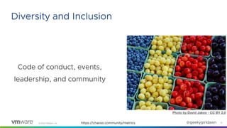 ©2020 VMware, Inc. @geekygirldawn
Code of conduct, events,
leadership, and community
15
Diversity and Inclusion
Photo by D...