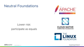 ©2020 VMware, Inc. @geekygirldawn
Lower risk:
participate as equals
17
Neutral Foundations
 