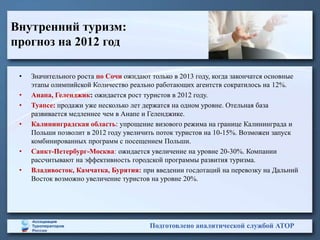 Внутренний туризм:
прогноз на 2012 год

 •   Значительного роста по Сочи ожидают только в 2013 году, когда закончатся основные
     этапы олимпийской Количество реально работающих агентств сократилось на 12%.
 •   Анапа, Геленджик: ожидается рост туристов в 2012 году.
 •   Туапсе: продажи уже несколько лет держатся на одном уровне. Отельная база
     развивается медленнее чем в Анапе и Геленджике.
 •   Калининградская область: упрощение визового режима на границе Калининграда и
     Польши позволит в 2012 году увеличить поток туристов на 10-15%. Возможен запуск
     комбинированных программ с посещением Польши.
 •   Санкт-Петербург-Москва: ожидается увеличение на уровне 20-30%. Компании
     рассчитывают на эффективность городской программы развития туризма.
 •   Владивосток, Камчатка, Бурятия: при введении госдотаций на перевозку на Дальний
     Восток возможно увеличение туристов на уровне 20%.




                                        Подготовлено аналитической службой АТОР
 