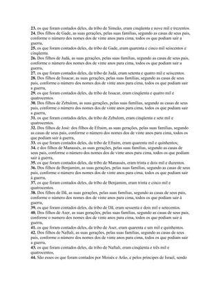 23. os que foram contados deles, da tribo de Simeão, eram cinqüenta e nove mil e trezentos.
24. Dos filhos de Gade, as suas gerações, pelas suas famílias, segundo as casas de seus pais,
conforme o número dos nomes dos de vinte anos para cima, todos os que podiam sair a
guerra,
25. os que foram contados deles, da tribo de Gade, eram quarenta e cinco mil seiscentos e
cinqüenta.
26. Dos filhos de Judá, as suas gerações, pelas suas famílias, segundo as casas de seus pais,
conforme o número dos nomes dos de vinte anos para cima, todos os que podiam sair a
guerra,
27. os que foram contados deles, da tribo de Judá, eram setenta e quatro mil e seiscentos.
28. Dos filhos de Issacar, as suas gerações, pelas suas famílias, segundo as casas de seus
pais, conforme o número dos nomes dos de vinte anos para cima, todos os que podiam sair
a guerra,
29. os que foram contados deles, da tribo de Issacar, eram cinqüenta e quatro mil e
quatrocentos.
30. Dos filhos de Zebulom, as suas gerações, pelas suas famílias, segundo as casas de seus
pais, conforme o número dos nomes dos de vinte anos para cima, todos os que podiam sair
a guerra,
31. os que foram contados deles, da tribo de Zebulom, eram cinqüenta e sete mil e
quatrocentos.
32. Dos filhos de José: dos filhos de Efraim, as suas gerações, pelas suas famílias, segundo
as casas de seus pais, conforme o número dos nomes dos de vinte anos para cima, todos os
que podiam sair à guerra,
33. os que foram contados deles, da tribo de Efraim, eram quarenta mil e quinhentos;
34. e dos filhos de Manassés, as suas gerações, pelas suas famílias, segundo as casas de
seus pais, conforme o número dos nomes dos de vinte anos para cima, todos os que podiam
sair à guerra,
35. os que foram contados deles, da tribo de Manassés, eram trinta e dois mil e duzentos.
36. Dos filhos de Benjamim, as suas gerações, pelas suas famílias, segundo as casas de seus
pais, conforme o número dos nomes dos de vinte anos para cima, todos os que podiam sair
à guerra,
37. os que foram contados deles, da tribo de Benjamim, eram trinta e cinco mil e
quatrocentos.
38. Dos filhos de Dã, as suas gerações, pelas suas famílias, segundo as casas de seus pais,
conforme o número dos nomes dos de vinte anos para cima, todos os que podiam sair à
guerra,
39. os que foram contados deles, da tribo de Dã, eram sessenta e dois mil e setecentos.
40. Dos filhos de Aser, as suas gerações, pelas suas famílias, segundo as casas de seus pais,
conforme o numero dos nomes dos de vinte anos para cima, todos os que podiam sair à
guerra,
41. os que foram contados deles, da tribo de Aser, eram quarenta e um mil e quinhentos.
42. Dos filhos de Naftali, as suas gerações, pelas suas famílias, segundo as casas de seus
pais, conforme o número dos nomes dos de vinte anos para cima, todos os que podiam sair
a guerra,
43. os que foram contados deles, da tribo de Naftali, eram cinqüenta e três mil e
quatrocentos,
44. São esses os que foram contados por Moisés e Arão, e pelos príncipes de Israel, sendo
 