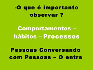 O que é importante observar ? Comportamentos – hábitos –  Processos Pessoas Conversando  com Pessoas – O entre   