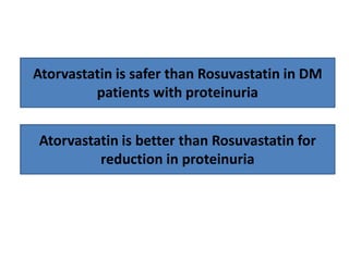 Atorvastatin is safer than Rosuvastatin in DM
patients with proteinuria
Atorvastatin is better than Rosuvastatin for
reduc...