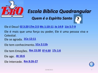 Escola Bíblica Quadrangular
7
19/08/2012
Quem é o Espírito Santo
Ele é Deus! Gl 3:20 1Tm 2:5
Ele é mais que uma força ou poder, Ele é uma pessoa viva e
Celestial.
Ele se agrada.
Mc 1:10-11 Jo 14:9
1Co 12:11
Ele tem conhecimento.1Co 2:11b
Ele tem Emoções. Rm 15:30 Ef 4:30 1Ts 1:6
Ele age. At 16:6
Ele Intercede. Rm 8:26-27
1Jo 5:7-9
 