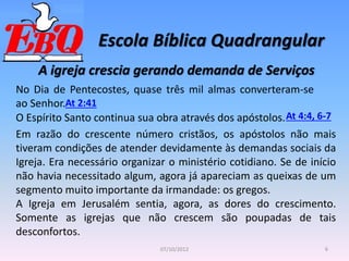 Escola Bíblica Quadrangular
6
07/10/2012
A igreja crescia gerando demanda de Serviços
At 4:4, 6-7
At 2:41
No Dia de Pentecostes, quase três mil almas converteram-se
ao Senhor.
O Espírito Santo continua sua obra através dos apóstolos.
Em razão do crescente número cristãos, os apóstolos não mais
tiveram condições de atender devidamente às demandas sociais da
Igreja. Era necessário organizar o ministério cotidiano. Se de início
não havia necessitado algum, agora já apareciam as queixas de um
segmento muito importante da irmandade: os gregos.
A Igreja em Jerusalém sentia, agora, as dores do crescimento.
Somente as igrejas que não crescem são poupadas de tais
desconfortos.
 