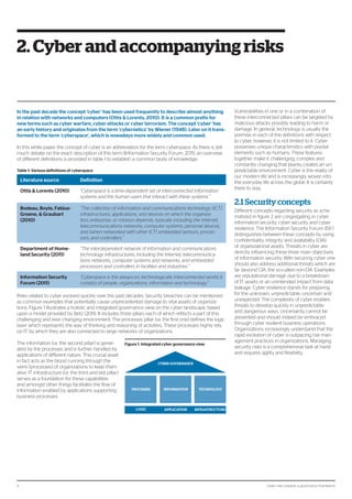 2. Cyber and accompanying risks

In the past decade the concept ‘cyber’ has been used frequently to describe almost anything
in relation with networks and computers (Ottis & Lorents, 2010). It is a common prefix for
new terms such as cyber warfare, cyber-attacks or cyber terrorism. The concept ‘cyber’ has
an early history and originates from the term ‘cybernetics’ by Wiener (1948). Later on it transformed to the term ‘cyberspace’, which is nowadays more widely and common used.
In this white paper the concept of cyber is an abbreviation for the term cyberspace. As there is still
much debate on the exact description of this term (Information Security Forum, 2011), an overview
of different definitions is provided in table 1 to establish a common body of knowledge:
Table 1. Various definitions of cyberspace

Literature source

Definition

Ottis & Lorents (2010)

“Cyberspace is a time-dependent set of interconnected information
systems and the human users that interact with these systems.”

Bodeau, Boyle, FabiusGreene, & Graubart
(2010)

“The collection of information and communications technology (ICT)
infrastructures, applications, and devices on which the organization, enterprise, or mission depends, typically including the Internet,
telecommunications networks, computer systems, personal devices,
and (when networked with other ICT) embedded sensors, processors, and controllers.”

Department of Homeland Security (2011)

“The interdependent network of information and communications
technology infrastructures, including the Internet, telecommunications networks, computer systems and networks, and embedded
processors and controllers in facilities and industries.”

Information Security
Forum (2011)

“Cyberspace is the always-on, technologically interconnected world; it
consists of people, organizations, information and technology.”

Risks related to cyber evolved quickly over the past decades. Security breaches can be mentioned
as common examples that potentially cause unprecedented damage to vital assets of organizations. Figure 1 illustrates a holistic and integrated governance view on the cyber landscape, based
upon a model provided by Betz (2011). It includes three pillars each of which reflects a part of this
challenging and ever changing environment. The processes pillar (i.e. the first one) defines the logic
layer which represents the way of thinking and reasoning of activities. These processes highly rely
on IT by which they are also connected to large networks of organizations.
The information (i.e. the second pillar) is generated by the processes and is further handled by
applications of different nature. This crucial asset
in fact acts as the blood running through the
veins (processes) of organizations to keep them
alive. IT infrastructure (i.e. the third and last pillar)
serves as a foundation for these capabilities
and amongst other things facilitates the flow of
information enabled by applications supporting
business processes.

Figure 1. Integrated cyber governance view

2.1 Security concepts
Different concepts regarding security as schematized in figure 2 are congregating in cyber:
information security, cyber security and cyber
resilience. The Information Security Forum (ISF)
distinguishes between these concepts by using
confidentiality, integrity and availability (CIA)
of organizational assets. Threats in cyber are
directly influencing these three main objectives
of information security. With securing cyber one
should also address additional threats which are
far beyond CIA, the so-called non-CIA. Examples
are reputational damage due to a breakdown
of IT assets or an unintended impact from data
leakage. Cyber resilience stands for preparing
for the unknown, unpredictable, uncertain and
unexpected. The complexity of cyber enables
threats to develop quickly in unpredictable
and dangerous ways. Uncertainty cannot be
prevented and should indeed be embraced
through cyber resilient business operations.
Organizations increasingly understand that the
rapid evolution of cyber is outpacing risk management practices in organizations. Managing
security risks is a comprehensive task at hand
and requires agility and flexibility.

CYBER GOVERNANCE

PROCESSES

INFORMATION

TECHNOLOGY

LOGIC

4

Vulnerabilities in one or in a combination of
these interconnected pillars can be targeted by
malicious attacks possibly leading to harm or
damage. In general, technology is usually the
premise in each of the definitions with respect
to cyber, however, it is not limited to it. Cyber
possesses unique characteristics with pivotal
elements such as humans. These features
together make it challenging, complex and
constantly changing that plainly creates an unpredictable environment. Cyber is the reality of
our modern life and is increasingly woven into
the everyday life across the globe. It is certainly
there to stay.

APPLICATION

INFRASTRUCTURE

Cyber risks towards a governance framework

 