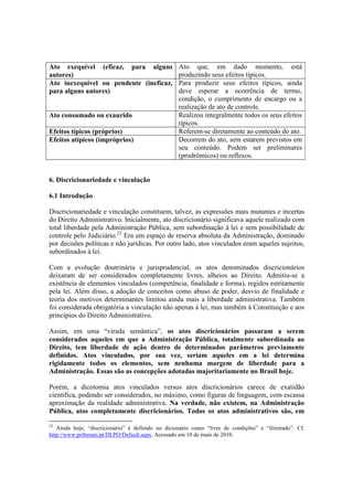 Ato exequível (eficaz, para alguns
autores)
Ato que, em dado momento, está
produzindo seus efeitos típicos.
Ato inexequível ou pendente (ineficaz,
para alguns autores)
Para produzir seus efeitos típicos, ainda
deve esperar a ocorrência de termo,
condição, o cumprimento de encargo ou a
realização de ato de controle.
Ato consumado ou exaurido Realizou integralmente todos os seus efeitos
típicos.
Efeitos típicos (próprios) Referem-se diretamente ao conteúdo do ato.
Efeitos atípicos (impróprios) Decorrem do ato, sem estarem previstos em
seu conteúdo. Podem ser preliminares
(prodrômicos) ou reflexos.
6. Discricionariedade e vinculação
6.1 Introdução
Discricionariedade e vinculação constituem, talvez, as expressões mais mutantes e incertas
do Direito Administrativo. Inicialmente, ato discricionário significava aquele realizado com
total liberdade pela Administração Pública, sem subordinação à lei e sem possibilidade de
controle pelo Judiciário.22
Era um espaço de reserva absoluta da Administração, dominado
por decisões políticas e não jurídicas. Por outro lado, atos vinculados eram aqueles sujeitos,
subordinados à lei.
Com a evolução doutrinária e jurisprudencial, os atos denominados discricionários
deixaram de ser considerados completamente livres, alheios ao Direito. Admitiu-se a
existência de elementos vinculados (competência, finalidade e forma), regidos estritamente
pela lei. Além disso, a adoção de conceitos como abuso de poder, desvio de finalidade e
teoria dos motivos determinantes limitou ainda mais a liberdade administrativa. Também
foi considerada obrigatória a vinculação não apenas à lei, mas também à Constituição e aos
princípios do Direito Administrativo.
Assim, em uma “virada semântica”, os atos discricionários passaram a serem
considerados aqueles em que a Administração Pública, totalmente subordinada ao
Direito, tem liberdade de ação dentro de determinados parâmetros previamente
definidos. Atos vinculados, por sua vez, seriam aqueles em a lei determina
rigidamente todos os elementos, sem nenhuma margem de liberdade para a
Administração. Essas são as concepções adotadas majoritariamente no Brasil hoje.
Porém, a dicotomia atos vinculados versus atos discricionários carece de exatidão
científica, podendo ser considerados, no máximo, como figuras de linguagem, com escassa
aproximação da realidade administrativa. Na verdade, não existem, na Administração
Pública, atos completamente discricionários. Todos os atos administrativos são, em
22
Ainda hoje, “discricionário” é definido no dicionário como “livre de condições” e “ilimitado”. Cf.
http://www.priberam.pt/DLPO/Default.aspx. Acessado em 10 de maio de 2010.
 