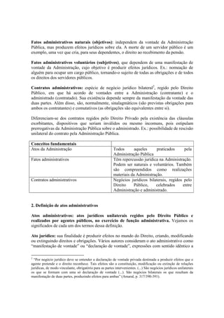 Fatos administrativos naturais (objetivos): independem da vontade da Administração
Pública, mas produzem efeitos jurídicos sobre ela. A morte de um servidor público é um
exemplo, uma vez que cria, para seus dependentes, o direito ao recebimento da pensão.
Fatos administrativos voluntários (subjetivos), que dependem de uma manifestação de
vontade da Administração, cujo objetivo é produzir efeitos jurídicos. Ex.: nomeação de
alguém para ocupar um cargo público, tornando-o sujeito de todas as obrigações e de todos
os direitos dos servidores públicos.
Contratos administrativos: espécie de negócio jurídico bilateral2
, regido pelo Direito
Público, em que há acordo de vontades entre a Administração (contratante) e o
administrado (contratado). Sua existência depende sempre da manifestação da vontade das
duas partes. Além disso, são, normalmente, sinalagmáticos (são previstas obrigações para
ambos os contratantes) e comutativos (as obrigações são equivalentes entre si).
Diferenciam-se dos contratos regidos pelo Direito Privado pela existência das cláusulas
exorbitantes, dispositivos que seriam inválidos ou mesmo incomuns, pois estipulam
prerrogativas da Administração Pública sobre o administrado. Ex.: possibilidade de rescisão
unilateral do contrato pela Administração Pública.
Conceitos fundamentais
Atos da Administração Todos aqueles praticados pela
Administração Pública
Fatos administrativos Têm repercussão jurídica na Administração.
Podem ser naturais e voluntários. Também
são compreendidos como realizações
materiais da Administração.
Contratos administrativos Negócios jurídicos bilaterais, regidos pelo
Direito Público, celebrados entre
Administração e administrado.
2. Definição de atos administrativos
Atos administrativos: atos jurídicos unilaterais regidos pelo Direito Público e
realizados por agentes públicos, no exercício de função administrativa. Vejamos os
significados de cada um dos termos dessa definição.
Ato jurídico: sua finalidade é produzir efeitos no mundo do Direito, criando, modificando
ou extinguindo direitos e obrigações. Vários autores consideram o ato administrativo como
“manifestação de vontade” ou “declaração de vontade”, expressões com sentido idêntico a
2
“Por negócio jurídico deve se entender a declaração de vontade privada destinada a produzir efeitos que o
agente pretende e o direito reconhece. Tais efeitos são a constituição, modificação ou extinção de relações
jurídicas, de modo vinculante, obrigatório para as partes intervenientes. (...) São negócios jurídicos unilaterais
os que se formam com uma só declaração de vontade (...). São negócios bilaterais os que resultam da
manifestação de duas partes, produzindo efeitos para ambas” (Amaral, p. 317/390-391).
 