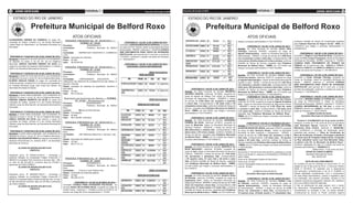 4 ATOS OFICIAIS                                                                                                                                                  Terça-feira, 26 de junho de 2012   Terça-feira, 26 de junho de 2012                                                                                                                       ATOS OFICIAIS                5

     ESTADO DO RIO DE JANEIRO                                                                                                                                                                             ESTADO DO RIO DE JANEIRO

                          Prefeitura Municipal de Belford Roxo                                                                                                                                                                  Prefeitura Municipal de Belford Roxo
                                                                             ATOS OFICIAIS                                                                                                                                                                                  ATOS OFICIAIS
ALESSANDRA GERZINI DA FONSECA do cargo em                           P R E G Ã O P R E S E N C I A L N º 0 0 3 9 / 2 0 11 –
comissão de Diretor, símbolo D-3, da Escola Municipal                                                                                                                                                                                                            integra o processo administrativo nº 04/1763/2012.               conforme Certidão de Tempo de Contribuição expedida
                                                                                     TERMO Nº 3649                                       - PORTARIA N.º 144 DE 12 DE JUNHO DE 2012 –
Julieta Rego do Nascimento, da Secretaria Municipal de                                                                                                                                                                                                                                                                            pelo Instituto Nacional do Seguro Social - INSS, em
                                                                  Processo:		                18/000285/2010                        Conceder a ADRIANA MEDEIROS FERREIRA, ocupante
Educação.                                                                                                                                                                                                                                                                  - PORTARIA N.º 152 DE 12 DE JUNHO DE 2012 –            13/03/2012 que integra o processo administrativo nº
                                                                  Contratante:	    	         Prefeitura Municipal de Belford       do Cargo de Prof. História, lotado na Secretaria Municipal
                                                                                                                                                                                                                                                                 Averbar, em ficha funcional do servidor Álvaro Brito             04/2209/2012.
                                                                  Roxo                                                             de Educação – SEMED, matrícula n.º 10/22576 LICENÇA
                                                                                                                                   SEM VENCIMENTOS PARA TRATO DE INTERESSE                                                                                       Camargo, matrícula 10/20381, ocupante do cargo de
                                                                  Contratada:	     EMPREFOUR INDÚSTRIA E COMÉRCIO                                                                                                                                                Agente Administrativo, lotado na Secretaria Municipal de               - PORTARIA N.º 156 DE 12 DE JUNHO DE 2012 –
                                                                  LTDA                                                             PARTICULAR, pelo período de 01 (um) ano, a contar de
 PORTARIA Nº 714/GP/2012 DE 25 DE JUNHO DE 2012.                                                                                                                                                                                                                 Administração - SEMAD, o tempo de serviço de 1.936 (Hum          Conceder a Regina Lucia Rezende Bulla, ocupante do
                                                                  Objeto:	 Aquisição de uniformes                                  17/10/2011, conforme o contido nos autos do Processo
Exonerar a contar de 01 de junho de 2012, com fundamento                                                                                                                                                                                                         mil, novecentos e trinta e seis) dias, correspondendo a 05       Cargo de Prof. Língua Portuguesa, lotada na Secretaria
                                                                  Prazo:	 30 dias                                                  n.º. 04/3534/2011.
do disposto no inciso V, do art. 87, da Lei Orgânica                                                                                                                                                                                                             (cinco) anos, 03 (três) meses e 21 (vinte e um) dias, conforme   Municipal de Educação- SEMED, matrícula nº. 10/5263,
                                                                  Valor:	 R$ 56.943,80                                                                                                                                                                           Certidão de Tempo de Serviço, expedida pela Prefeitura           LICENÇA PARA TRATAMENTO DE PESSOA DA
Municipal, MARCO ANTONIO RIBEIRO DA SILVA do                                                                                           - PORTARIA N.º 145 DE 12 DE JUNHO DE 2012 –
cargo em comissão de Assessor Administrativo V, símbolo                                                                                                                                                                                                          Municipal de Belford Roxo - PMBR, em 13/11/2000 que              FAMÍLIA, de 19 (dezenove) dias, 10/04/12 a 11/04/12,
                                                                     PREGÃO PRESENCIAL Nº 0039/2012 –                                     CONCEDER LICENÇA MATERNIDADE
DAS-6, da Secretaria Municipal de Governo.                                                                                                                                                                                                                       integra o processo administrativo nº 04/2134/2009.               16/04/12 a 18/04/12 e de 26/04/12 a 09/05/12 conforme o
                                                                                     TERMO Nº 3760                                                                                                                                                                                                                                contido nos autos do Processo n.º. 04/1887/2012.
                                                                  Processo:		              08/002183/2011                                                                                                                                                                  - PORTARIA N.º 153 DE 12 DE JUNHO DE 2012 –
 PORTARIA Nº 715/GP/2012 DE 25 DE JUNHO DE 2012.                  Contratante:		           Prefeitura Municipal de Belford
Exonerar a contar de 19 de maio de 2012, com fundamento                                                                                                                                                                                                          Averbar, em ficha funcional da servidora Denise Lopes                 - PORTARIA N.º 157 DE 12 DE JUNHO DE 2012 –
                                                                  Roxo                                                                                                                                                                                           Correa dos Santos, matrícula 10/20172, ocupante do cargo         Conceder a Vivian Heringer Pizzinga, ocupante do
do disposto no inciso V, do art. 87, da Lei Orgânica Municipal,   Contratada:	      LORENHANNA’S      ATACADISTA            E
ELIENAY ARAUJO SOUZA do cargo em comissão de                                                                                                                                                                                                                     de Agente Administrativo, lotado na Secretaria Municipal de      Cargo de Psicólogo, lotado na Secretaria Municipal de
                                                                  VAREJISTA DE PRODUTOS ALIMENTÍCIOS EM GERAL E                                                                                                                                                  Esporte e Lazer - SEMEL, o tempo de serviço de 1.387 (Hum        Saúde – SEMUS, matrícula n.º 10/25435 LICENÇA
Chefe de Serviço, símbolo FG-3, do Serviço de Expediente,         BAZAR LTDA ME
do Hospital Municipal Jorge Júlio Costa dos Santos, da                                                                                                                                                                                                           mil, trezentos e oitenta e sete) dias, correspondendo a 03       SEM VENCIMENTOS PARA TRATO DE INTERESSE
                                                                  Objeto:	 aquisição de materiais de expediente, escritório e                                                                                                                                    (três) anos, 292 (duzentos e noventa e dois) dias, conforme      PARTICULAR, pelo período de 01 (um) ano, a contar
Secretaria Municipal de Saúde.                                    informática.                                                                                                                             - PORTARIA N.º 148 DE 12 DE JUNHO DE 2012 –           Certidão de Tempo de Serviço, expedida pela Prefeitura           da data da publicação, conforme o contido nos autos do
                                                                  Prazo:	 30 dias                                                                                                                    Averbar, em ficha funcional do servidor MAURICIO            Municipal de Belford Roxo - PMBR, em 21/11/2000 que              Processo n.º. 04/0795/2012.
 PORTARIA Nº 716/GP/2012 DE 25 DE JUNHO DE 2012.                  Valor:	 R$ 19.304,40                                                                                                               ANTONIO SANTOS, matrícula 10/18602, ocupante do             integra o processo administrativo nº 04/3359/2012.
Exonerar a contar desta publicação, com fundamento do
                                                                                                                                                                                                     cargo de Agente da Defesa Civil, lotado na Secretaria                 - PORTARIA N.º 154 DE 12 DE JUNHO DE 2012 –                  - PORTARIA N.º 158 DE 12 DE JUNHO DE 2012 –
disposto no inciso V, do art. 87, da Lei Orgânica Municipal,       C ontrato         L oca ç ão d e I m ó v el - T E R M O
                                                                                 de                                                                                                                  Municipal de Segurança Pública - SEMSEP, o tempo            Averbar, em ficha funcional do servidor João Vaz Pereira,        Conceder a MONIRA RABELLO CARVALHO, ocupante
DEBORA SIMANO BARRETO DA SILVA do cargo em                                      N º 3 7 5 9 - P rorroga ç ão                                                                                         de serviço de 2.245 (Dois mil, duzentos e quarenta          matrícula 10/18186, ocupante do cargo de Agente de Defesa        do cargo de PROFESSOR II, lotada na Secretaria
comissão de Diretor, símbolo D-3, da Creche Municipal             Processo:		               28/000005/2009                                                                                           e cinco) dias, correspondendo a 06 (seis) anos e 55         Civil, lotado na Secretaria Municipal de Segurança Publica       Municipal de Educação - SEMED, matrícula nº. 10/43613,
Gilberto Jorge da Silva Barreto, da Secretaria Municipal de       Locatário:		              Prefeitura Municipal de Belford                                                                          (cinqüenta e cinco) dias, conforme Certidão de Tempo de     - SEMSEP, o tempo de serviço de 2.197 (Dois mil, cento           LICENÇA MATERNIDADE de 180 dias, a contar de
Educação.                                                         Roxo                                                                                                                               Serviço, expedida pela Prefeitura Municipal de Belford      e noventa e sete) dias, correspondendo a 06 (seis) anos          27/02/12 e término em, 24/08/12, conforme o contido nos
                                                                  Locador:	         Manuel da Silva Moraes                                                                                           Roxo - PMBR, em 24/11/2000, que integra o processo          e 07 (sete) dias, conforme Certidão de Tempo de Serviço,         autos do Processo n.º. 04/0710/2012.
 PORTARIA Nº 717/GP/2012 DE 25 DE JUNHO DE 2012.                  Objeto:	 Prorrogação                                                                                                               administrativo nº 04/1779/2012.                             expedida pela Prefeitura Municipal de Belford Roxo -                           CLEBER ALVES DA SILVA
Nomear a contar desta publicação, com fundamento do               Prazo:	 60 dias
disposto no inciso V, do art. 87, da Lei Orgânica Municipal,                                                                                                                                                                                                     PMBR, em 21/11/2000 que integra o processo administrativo                Secretário Municipal de Administração
                                                                  Valor:	 R$ 3.555,98 (mensais)                                                                                                            - PORTARIA N.º 149 DE 12 DE JUNHO DE 2012 –           nº 04/3825/2012.
GISELE DANTAS DA SILVA para exercer o cargo em
                                                                                                                                                                                                     Averbar, em ficha funcional do servidor LEONARDO                                                                                Portaria n° 014/SMO/2012 de 15 de Junho de 2012.
comissão de Diretor, símbolo D-3, da Creche Municipal               PREGÃO PRESENCIAL Nº 0035/2012 –                                                                                                 CORREA DA SILVA, matrícula 10/19512, ocupante do                     - PORTARIA N.º 078 DE 27 DE MARÇO DE 2012 –             Designar, a contar de 11 de Junho de 2012 os servidores
Gilberto Jorge da Silva Barreto, da Secretaria Municipal de                          TERMO Nº 3793                                                                                                   cargo de Motorista, lotado na Secretaria Municipal de       Averbar, em ficha funcional do servidor RAQUEL DE FATIMA         Jose Herculano Taboza, matrícula n° 11/017.869 e
Educação.                                                         Processo:		               03/000123/2012                                                                                           Serviços Públicos - SEMUSP, o tempo de serviço de           ALVES DE SOUZA DE JESUS, matrícula 10/20473, ocupante            Wanderley Alves Pereira, matrícula nº. 60/029.902,
                                                                  Contratante:		            Prefeitura Municipal de Belford                                                                          880 (Oitocentos e oitenta) dias, correspondendo a 02        do cargo de Aux. Serviços Gerais, lotado na Secretaria           para constituírem a comissão de fiscalização sendo
 PORTARIA Nº 718/GP/2012 DE 25 DE JUNHO DE 2012.                  Roxo                                                                                                                               (dois) anos e 05 (cinco) meses, conforme Certidão de        Municipal de Meio Ambiente e Saneamento - SEMAS, o               presidida pelo primeiro, o “Obra de Construção do
Exonerar a contar desta publicação, com fundamento do             Contratada:	     L&M Materiais Máquinas e Serviços Ltda -                                                                          Tempo de Serviço, expedida pela Prefeitura Municipal        tempo de serviço de 1.223 (Hum mil, duzentos e vinte e           Muro de Contenção, Proteção e Drenagem superficial
disposto no inciso V, do art. 87, da Lei Orgânica Municipal,      ME                                                                                                                                 de Belford Roxo - PMBR, em 27/11/2000 que integra o         três) dias, correspondendo a 03 (três) anos, 04 (quatro)         do talude para 80 Unidades Habitacionais, localizado
MANUEL SALVADOR DE PINHO do cargo em comissão de                  Objeto:	 Aquisição de matéria para consumo                                                                                         processo administrativo nº 04/1438/2012.                    meses e 08 (oito) dias, conforme Certidão de Tempo de            na Rua Lamartine Junior com Rua Bernardo Viana,
Assessor Administrativo IV, símbolo DAS-7, da Secretaria          Prazo:	 30 dias
Municipal de Governo.                                                                                                                                                                                                                                            Serviço expedida pela Prefeitura Municipal de Belford Roxo       no Bairro Lote XV, no Município de Belford Roxo”,
                                                                  Valor:	 R$ 27.731,74                                                                                                                     - PORTARIA N.º 150 DE 12 DE JUNHO DE 2012 –           - PMBR, em 21/11/2000 que integra o processo administrativo      conforme Legislação em vigor e o contido nos autos do
                                                                                                                                                                                                     Averbar, em ficha funcional do servidor MARCELO DA          nº 04/0105/2003.                                                 processo administrativo n° 06/000431/11.
           ALCIDES DE MOURA ROLIM FILHO
                                                                                                                                                                                                     SILVA MACHADO, matrícula 10/18360, ocupante do              ERRATA                                                                                Belford Roxo, 15 de Junho de 2012.
                     PREFEITO
                                                                                                                                                                                                     cargo de Gari, lotado na Secretaria Municipal de Serviços   Na portaria nº 134 de 25 de maio de 2012, publicada no Jornal                 ODAIR DA CUNHA ALMEIDA
                                                                                                                                                                                                     Públicos - SEMUSP, o tempo de serviço de 1.516 (Hum         Hora H de 05/06/12, referente à ROSANGELA PEREIRA DE                          Secretário Municipal de Obras
Despacho (proc. Nº 03/000131/2012) – Homologo a
                                                                                                                                                                                                     mil, quinhentos e dezesseis) dias, correspondendo           SANT ANNA.                                                                           Mat. 60/032.067
presente licitação na modalidade Pregão Presencial nº               PREGÃO PRESENCIAL Nº 0045/2012 –                                                                                                 a 04 (quatro) anos, 01 (um) mês e 26 (vinte e seis)         Onde se lê: Rosangela Pereira de Sant Anna.
059/2012 à empresa Proll Comercio e serviços ltda – ME,                             TERMO Nº 3806                                                                                                    dias, conforme Certidão de Tempo de Serviço, expedida       Onde se lê: 30 dias.                                                          NOTA DE ESCLARECIMENTO
no valor de R$ 353.206,31 conforme atas da CPLMS e                Processo:		               04/000859/2012                                                                                           pela Prefeitura Municipal de Belford Roxo - PMBR,           Leia-se: Rosangela Pereira de Sant Anna dos Santos.              Ao contrário do que foi noticiado no Jornal Hora “H”, na
pareceres da PGM e SEMUC.                                         Contratante:		            Prefeitura Municipal de Belford                                                                          em 06/11/2000 que integra o processo administrativo nº      Leia-se: 18 dias.                                                edição do dia 19 de junho de 2012, o Concurso Público
          ALCIDES DE MOURA ROLIM FILHO                            Roxo                                                                                                                               04/1149/2012.                                                                                                                Edital nº 001/2012, foi realizado com a observância
                      PREFEITO                                    Contratada:	     Cultura e Lazer Editora Ltda                                                                                                                                                                  CLEBER ALVES DA SILVA                            dos princípios constitucionais e da lei nº 8.999/91 e
                                                                  Objeto:	 Confecção de materiais gráficos                                                                                                  - PORTARIA N.º 151 DE 12 DE JUNHO DE 2012 –                    Secretário Municipal de Administração                  demais legislação complementar, com o cumprimento
Despacho (proc. Nº 08/000671/2012) – Homologo a                   Prazo:	 30 dias                                                                                                                    Averbar, em ficha funcional do servidor Américo Dutra                                                                        de cada etapa administrativa, jurídica e legislativa para
presente licitação na modalidade Pregão Presencial nº             Valor:	 R$ 326.013,70                                                                                                              de Almeida, matrícula 10/18002, ocupante do cargo de                 - PORTARIA N.º 155 DE 12 DE JUNHO DE 2012 –             sua realização, não estando cancelado, anulado ou de
056/2012 à empresa Rattus Saúde Ambiental Ltda, no valor
                                                                                                                                                                                                     Engenheiro Civil, lotado na Secretaria Municipal de         Averbar, em ficha funcional da servidora Raildes Lima            qualquer outra forma impugnado, estando, sim, valendo e
de R$ 422.000,00 conforme atas da CPLMS e pareceres                           - PORTARIA N.º 143 DE 25 DE MAIO DE 2012 –                                                                             Segurança Pública - SEMSEP, o tempo de serviço de 1.312     de Almeida, matrícula 10/20320, ocupante do cargo de             com sua HOMOLOGAÇÃO efetivada.
da PGM e SEMUC.                                                   Conceder LICENÇA PARA ATIVIDADES POLITICAS, ao                                                                                     (Hum mil, trezentos e doze) dias, correspondendo a 03       Agente Administrativo, lotado na Secretaria Municipal            O fato de distribuição de ação popular com o intuído
          ALCIDES DE MOURA ROLIM FILHO                            servidor ISAAC DE OLIVEIRA SILVA, ocupante do Cargo de                                                                             (três) anos, 07 (sete) meses e 07 (sete) dias, conforme     de Administração - SEMAD, o tempo de serviço de 5.702            de demonstrar “irregularidades” não é sinônimo de
                      PREFEITO                                    Auditor Fiscal, matrícula n.º 10/4489 a contar de 07/04/12, de                                                                     Certidão de Tempo de Serviço, expedida pela Prefeitura      (Cinco mil, setecentos e dois) dias, correspondendo a            cancelamento ou anulação, é sim, um direito também
                                                                  acordo com artigo 86, da lei complementar n°. 014/97                                                                               Municipal de Belford Roxo - PMBR, em 03/11/2000 que         15 (quinze) anos, 07(sete) meses e 17 (dezessete) dias,          constitucional de buscar no Poder Judiciário alguma
 