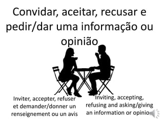 Convidar, aceitar, recusar e
pedir/dar uma informação ou
opinião
Inviter, accepter, refuser
et demander/donner un
renseignement ou un avis
Inviting, accepting,
refusing and asking/giving
an information or opinion
 