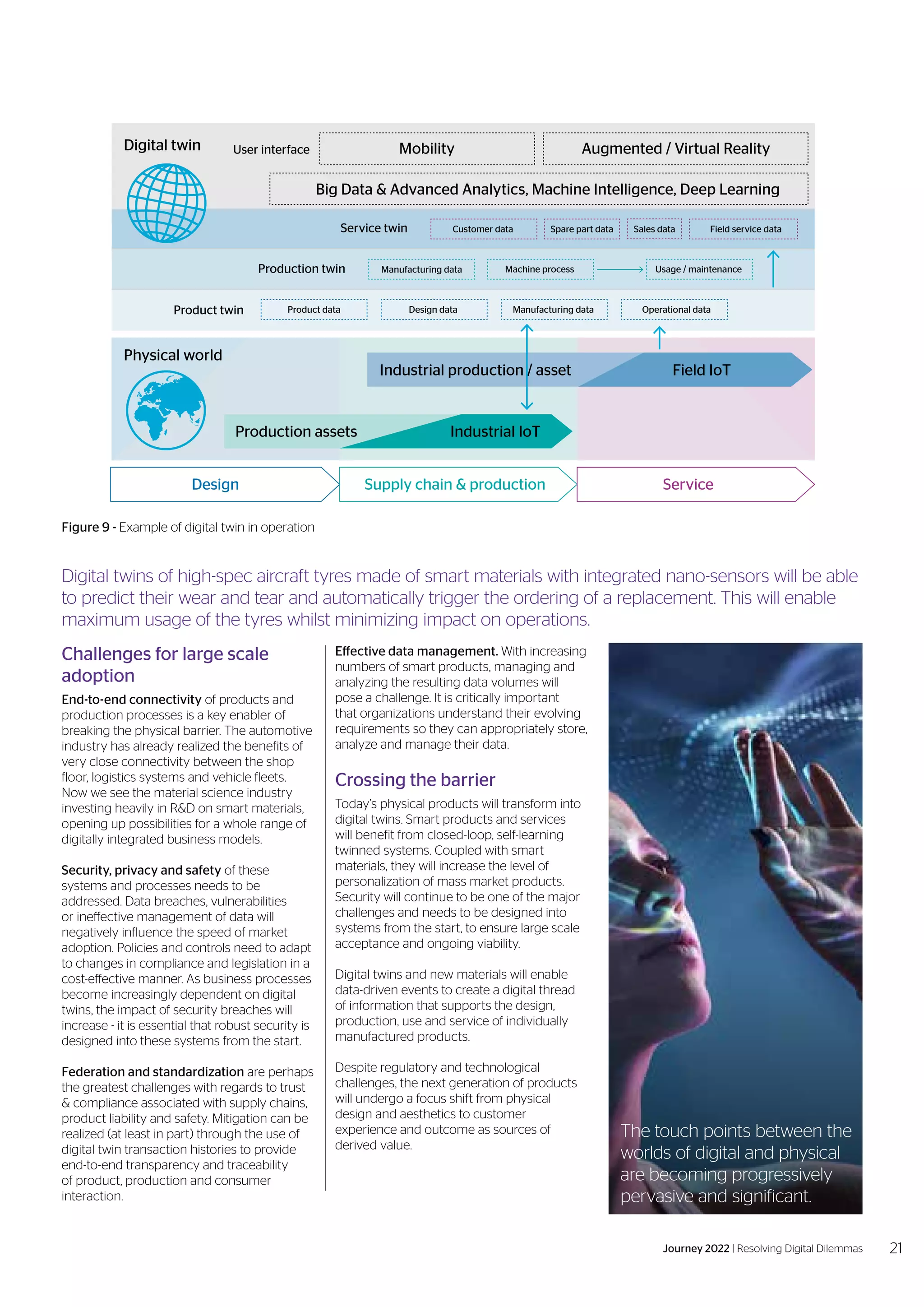 Challenges for large scale
adoption
End-to-end connectivity of products and
production processes is a key enabler of
breaking the physical barrier. The automotive
industry has already realized the benefits of
very close connectivity between the shop
floor, logistics systems and vehicle fleets.
Now we see the material science industry
investing heavily in R&D on smart materials,
opening up possibilities for a whole range of
digitally integrated business models.
Security, privacy and safety of these
systems and processes needs to be
addressed. Data breaches, vulnerabilities
or ineffective management of data will
negatively influence the speed of market
adoption. Policies and controls need to adapt
to changes in compliance and legislation in a
cost-effective manner. As business processes
become increasingly dependent on digital
twins, the impact of security breaches will
increase - it is essential that robust security is
designed into these systems from the start.
Federation and standardization are perhaps
the greatest challenges with regards to trust
& compliance associated with supply chains,
product liability and safety. Mitigation can be
realized (at least in part) through the use of
digital twin transaction histories to provide
end-to-end transparency and traceability
of product, production and consumer
interaction.
Effective data management. With increasing
numbers of smart products, managing and
analyzing the resulting data volumes will
pose a challenge. It is critically important
that organizations understand their evolving
requirements so they can appropriately store,
analyze and manage their data.
Crossing the barrier
Today’s physical products will transform into
digital twins. Smart products and services
will benefit from closed-loop, self-learning
twinned systems. Coupled with smart
materials, they will increase the level of
personalization of mass market products.
Security will continue to be one of the major
challenges and needs to be designed into
systems from the start, to ensure large scale
acceptance and ongoing viability.
Digital twins and new materials will enable
data-driven events to create a digital thread
of information that supports the design,
production, use and service of individually
manufactured products.
Despite regulatory and technological
challenges, the next generation of products
will undergo a focus shift from physical
design and aesthetics to customer
experience and outcome as sources of
derived value.
Figure 9 - Example of digital twin in operation
Digital twins of high-spec aircraft tyres made of smart materials with integrated nano-sensors will be able
to predict their wear and tear and automatically trigger the ordering of a replacement. This will enable
maximum usage of the tyres whilst minimizing impact on operations.
Digital twin
Design Supply chain & production Service
Customer data Spare part data Sales data
Machine process
Design data
Usage / maintenance
Field service data
User interface
Manufacturing data
Product data
Service twin
Production twin
Product twin Manufacturing data Operational data
Big Data & Advanced Analytics, Machine Intelligence, Deep Learning
Mobility Augmented / Virtual Reality
Physical world
Production assets
Industrial production / asset Field IoT
Industrial IoT
The touch points between the
worlds of digital and physical
are becoming progressively
pervasive and significant.
21
Journey 2022 | Resolving Digital Dilemmas
 
