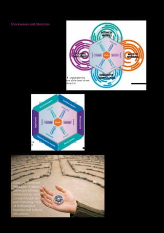 Shockwaves and dilemmas
The tensions we have described are a
natural progression from the 4 sources of
digital disruption identified in Journey 2020
(Business models, Ways of working, Evolving
challenges and Disruptive technologies).
The resulting “Digital Shockwaves” do not
propagate without constraint. Their impact
is influenced by the way they are entangled
with both the digital and physical worlds
and by the way the associated tensions are
resolved.
To help understand how best to deal with
the uncertainties that influence the real-
world application, adoption and acceptance
of digital technologies, the Atos Scientific
Community has researched a diverse range
of topics. They have been grouped according
to the nature of the dilemmas that they might
be associated with – these groups are directly
linked to the 4 sources of Digital Shockwave
disruption.
AI & Automation Societal impacts
Digital business models
Being human
Physical
world
Digital
world
Ideals
Insight
Inertia
Inertia
Insight
Inequality
Inequality
Ideals
Insight
Inertia
Inertia
Insight
Inequality
Inequality
Figure 4 - Digital dilemma
resolutions at the heart of real-
world disruption
Figure 5 - The nature of
digital world / physical
world interactions
© Atos 2018 All rights reserved
© Atos 2018 All rights reserved
Clear and informed
resolution of digital
dilemmas will help
enterprises to plot a
course through the
ever changing maze
of technological,
business and cultural
disruptions.
1.	 Business models must be viewed in a way
that reflects their impact on individuals
and society, and the fairness of value they
bring;
2.	Ways of working should consider the
effect of AI, and what it means to be
human in an increasingly automated and
data-driven world;
3.	The introduction and application of new
disruptive technologies must bring a
balance between their digital potential and
how this is realized in the physical world;
4.	Emerging challenges are essentially
reflected in the interaction between
the tensions of “Insight”, “Inertia” and
“Inequality”, balanced by the perspective of
our “Ideals”.
The resolution of digital dilemmas, will
influence the future roadmaps of businesses,
governments, groups and individuals within
society. Strategic decisions must be made
about how these tensions will be balanced.
Business leaders not only need to have a
perspective on the possible answers that
emerging technologies can provide, but they
need also to be asking the right questions
about their resulting impacts.
15
Journey 2022 | Resolving Digital Dilemmas
 