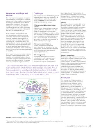 10
	 Connected Cars: From the Edge to the Cloud, https://www.iotcentral.io/blog/connected-cars-from-the-edge-to-the-cloud
11	
Information-Centric Networking Research Group, https://irtf.org/icnrg
Why do we need Edge and
swarm?
The most prominent use-cases will be in the
area of intelligent transportation. Connected
autonomous and semi-autonomous cars are
increasingly considered to be the ultimate
edge device10
. Assisted or autonomous
driving requires a wide range of different
computing elements, including sensor data
which needs to be processed and analyzed
with ultra-low latency at the edge.
In the context of smart grids, the goal
is to provide better management of the
production and distribution of otherwise
disparate renewable energy sources by
reducing losses, increasing efficiency and
optimizing the “consumption-production”
balance. Objects in smart grids will generate
vast amounts of operational data that need
to be managed, exchanged and stored. A
combination of edge and swarm computing
will be crucial to providing the envisaged level
of capability.
In the longer term, next-generation robotics
will move toward software defined robots
based on commoditized hardware. Swarm
computing can generate new opportunities
for interacting robots to gather knowledge,
share data and create cognitive services.
learning at all levels. The distribution of
reasoning across the edge and cloud allows
for the design of intelligent decentralized
architectures that can even operate under
delegation when certain parts fail.
Security
In an edge and swarm context, data will be
the most significant asset to protect. It will
be created and stored virtually everywhere,
with the result that centralized security
control will become unmanageable. Instead,
enhanced security will be a pervasive feature
for any connected object, whether that
be a system, machine, person, partner or
client. Some traditional security strategies
will remain valid though: device hardening;
IoT Vulnerability Management Solution;
asset discovery and patch management;
and edge security analytics. At the same
time new security paradigms will emerge
to enable data-centric security. We would
like to introduce the concept of “data-ridden
security” as an important new approach to
addressing security within edge and swarm
environments.
Network management
Resilience of edge and swarm computing,
especially for mission critical IoT applications,
requires new network management
approaches that are able to handle network
failures and serious overloads. Revolutionary
approaches like information centric
networking11
are changing the way data
is shared and protected over the internet
by introducing uniquely named data as a
core Internet principle. These are promising
approaches that could meet the needs of
edge and swarm computing.
Conclusion
The emergence of edge computing is
inevitable. Swarm concepts will enable
a multitude of use cases that rely on
the collective compute capabilities of
edge infrastructures and their ability to
interoperate. This new paradigm will present
serious challenges for organizations - not
only in relation to dealing with infrastructure
or technical solutions outside of the data
center, but also with being able to manage
and commit to service levels when using
complex, heterogeneous, intelligent instances
that interact across multiple geographical
locations. The only viable way to effectively
manage edge and swarm environments will
be through high levels of automation and
trust, and more efficient operational models.
Figure 11 - Swarm computing concept & research topics
Multi-Cloud
Edge Cloud
Computing continuum
Public Cloud
Private Cloud
Cloud
broker
Swarm
computing
0100
1
1
0
1
“Data-ridden security” (DRS) is a new concept which assumes that
every component which handles data (storage, networks, APIs,…)
has enough strong security controls to protect any kind of data
that it processes. It is the data itself which instructs the component
how to deal with it, according to its nature and context.
Challenges
The use cases we have identified bring specific
challenges which need to be addressed. The
anticipated swarm architecture concept is
shown in Figure 11. The key components
should be understood as follows:
P2P organization & distributed ledger
systems
In autonomous, distributed and connected
systems, P2P mesh architecture is an ideal
model for defining the communication
requirements. Validity and consistency of the
data inside and outside the edge and swarm
environment becomes critical. Maintaining
trust is crucial and could, in certain cases,
be resolved through the appropriate use of
distributed ledger technologies.
Heterogeneous architectures
Two key requirements for effective
swarm operation will be quality of service
management, and the integration of a wide
variety of devices with heterogeneous
processing architectures.
Data management
Information organization is crucial for
orchestration in both edge and swarm
environments. This makes it possible
to coherently organize intelligence and
25
Journey 2022 | Resolving Digital Dilemmas
 