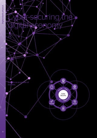 Digital
meets
physical
Robot
Technology
Society
Economy
Humans
Immersive
wearables
Cyber
biological
systems
Advanced
analytics
Swarm
computing
Homomorphic
encryption
AI
Cyber
physical
systems
Autonomous
systems
Cyber
warfare
Quantum
technologies
Hostile
governments
Blockchain
Social
media
Virtual
assistants
Smart
contracts
5G
Context-
based
Politics
Cyber
Security
S
ecurity Safety
IoT
Digital e
c
o
n
o
m
y
A
pproaches to cybersecurity
are undergoing significant
transformations, particularly as
a result of the unprecedented level of
technology interactions with human
beings, and the ever more sophisticated
innovation capabilities that are being
exploited by malicious actors. By 2022, the
cybersecurity landscape will be heavily
influenced by the challenge of efficiently
protecting the myriad of devices that we
will engage with in our day-to-day lives,
or will even have physically connected to
our bodies. Although this hyper-connected
ecosystem will generate significant
opportunities and benefits for individuals
and society in general, it will also provide a
tempting target for cyber criminals looking
to exploit broadened attack surfaces and
vulnerabilities that have wide-ranging and
critical impacts. The increasing mobility,
connectivity, flexibility and versatility of
infrastructures and devices will also add
layers of complexity to the management
and control of autonomous systems, in
making them compliant with regulatory
and ethical standards throughout a
dynamic life cycle.
Security as an enabler of
business
Cybersecurity must bring innovative
approaches to digital transformations,
and hence be considered as a business
enabler (rather than constrainer) of the
early adoption of disruptive technologies.
This requirement is largely driven by an
acceleration in the use of digital technologies
which will create unprecedented interactions
between technology and human beings
across virtually all aspects of politics,
society, and business. Global spending on
cybersecurity is anticipated to increase
significantly as the stakes of the emerging
digital economy era materialize and
grow, and businesses look to ever more
sophisticated approaches for their defensive
cybersecurity measures. Increases in threat
landscapes are prompting authorities to
introduce tougher business regulations.
For instance, GDPR imposes potential fines
of up to 4% of global revenue, depending
on severity and circumstances of a
Cyber-securing the
digital economy
cybersecurity breach. Some experts believe
that such regulation may have the effect
of further increasing cyber-attack activities,
since hackers could gain significant returns
by holding businesses to ransom in the face
of such hefty fines.
Billions of things are set to be connected
to the Internet every day (household items,
wearables, clothing etc.). These connected
devices will generate huge amounts of
online data which are all potentially subject
to exploitation. The digital attack surface
will grow massively over the next five years
- having a direct impact on organizations
to revamp and even re-invent their
cybersecurity requirements.
The growing trend for humans to be
more connected with immersive wearable
technology will tend to shift the attack
target toward individuals rather than
IT infrastructures. Such attacks will be
particularly lethal when combined with
the power of data analytics to predict and
ultimately influence individual behaviors.
Cybersecurity flaws in wearable and implants
represent a violation of personal privacy, but
more importantly, represent weaknesses
that could lead to harmful or even deadly
consequences.
Additionally, IoT is having a huge
impact on sectors such as critical
national infrastructures, healthcare and
manufacturing, where the implications of a
cyber incident could add a further dimension
of risk by affecting not only business
reputation and profitability, but also the
economy, health and safety of nations.
Figure 14 - Technology influences in cybersecurity domains
30 #Journey2022
 