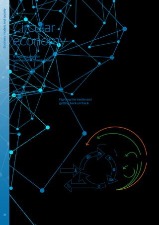 Redesig
n
Repai
r
Industry 4.0
AI & Automation
Blockchain
Big Data, Analytics & HPC
Platforms
IoT
Manufacturing
parts
Making
products
Offering
services
Consumer
becomes user
Collection of
reusable materials
Recover energy
Reduce dumping of waste
Reduce extraction
& production of
raw materials
R
e
c
y
c
l
e
R
e
n
e
w
R
e
u
s
e
A business ideal for
sustainable economic growth
E
xpectations of social, environmental
and economic success are out of
balance. New approaches are required
to realize sustainable and equitable economic
success. The circular economy model reflects
the necessary values for protecting resources
by intentionally designing out negative
externalities. Digital technology is an enabler
and accelerator of such transformations.
Doing more with less
The planet’s natural resources can no
longer cope with the pace of consumption
associated with the linear economic model
of “take – make – dispose”. At present only
15% of waste is recycled worldwide26
. The
remaining recyclable waste is lost resource,
often dumped into the environment. In
2016, the generation of E-waste grew to
44.7 million tonnes annually, only 20% of
which was recycled27
. By 2025, we expect
to produce 2.2 billion tonnes of solid waste
per year28
.
Our population is increasing, making the
demand on resources even greater. One
way of measuring the impact of current
consumption models is “Earth overshoot
day29
” – the point in the year at which
the resources consumed exceed those
generated – in the last four decades this has
shifted from 12th
November to the 2nd
August,
getting earlier each year.
The circular economy is a solution for doing
more with less (resource), but how are we
going to embrace and perhaps even enforce
this model?
To be successful, the adoption of the
circular economy must simultaneously
meet social needs, solve environmental
concerns, minimize cost constraints and
boost economic growth - the circular
economy is not about consuming less but
consuming smarter. A good example is the
Kalundborg Symbiosis30
where public and
private enterprises in Kalundborg, Denmark,
have joined forces to buy and sell residual
resources or by-products from one another,
for mutual economic and ecologic gain.
By 2022 we could see other examples,
perhaps scaled to larger cities, or more likely
through the formation of trans-national
supply-chain / supply-cycle ecosystems. The
use of platform technologies and business
models will help create marketplaces where
residual resources or by-products can be
traded. A real-time perspective of the supply-
cycle could be created from smart materials
and devices connected to the Internet of
Things, with Kalundborg becoming a model
for Industry 4.0 around the world.
26
	Baldé, C.P., Wang, F., Kuehr, R., Huisman, J. (2015), The global e-waste monitor – 2014, United Nations
27
	 The Global E-waste Monitor 2017
28
	 World Bank, 2012
29
	https://www.overshootday.org
Circular
economy
Technology is continually extending its
reach and impact, and at the same time is
being continuously refined. If we are able to
harness the positive impacts of technology,
society will get greater value from fewer
natural resources.
Toward 2022, we expect to see far greater
levels of resource efficiency. Products will be
redesigned with a cradle-to-cradle service
concept in mind, and built with components
that can be readily recycled or re-purposed.
However, getting to this circular state will
require a number of cultural and governance
shifts.
Fighting the inertia and
getting back on track
For decades, conventional business models
have mostly delivered both societal and
economic improvements. A significant
resistance must be overcome if we are to
change them.
Business
models
and
society
Figure 18 - Cycles within the circular economy
38 #Journey2022
 
