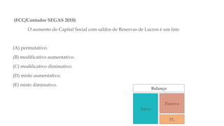 (FCC/Contador SEGAS 2010)
O aumento do Capital Social com saldos de Reservas de Lucros é um fato
(A) permutativo.
(B) modificativo aumentativo.
(C) modificativo diminutivo.
(D) misto aumentativo.
(E) misto diminutivo.
Balanço
Ativo
Passivo
PL
 