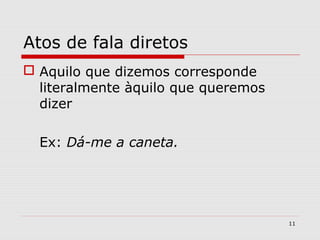 Atos de fala diretos 
 Aquilo que dizemos corresponde 
literalmente àquilo que queremos 
dizer 
Ex: Dá-me a caneta. 
11 
 