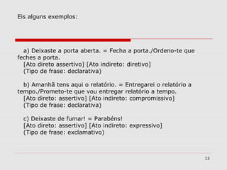 13 
Eis alguns exemplos: 
a) Deixaste a porta aberta. = Fecha a porta./Ordeno-te que 
feches a porta. 
[Ato direto assertivo] [Ato indireto: diretivo] 
(Tipo de frase: declarativa) 
b) Amanhã tens aqui o relatório. = Entregarei o relatório a 
tempo./Prometo-te que vou entregar relatório a tempo. 
[Ato direto: assertivo] [Ato indireto: compromissivo] 
(Tipo de frase: declarativa) 
c) Deixaste de fumar! = Parabéns! 
[Ato direto: assertivo] [Ato indireto: expressivo] 
(Tipo de frase: exclamativo) 
 