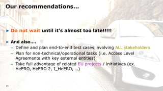 | 26-04-2018 | © Atos
▶ Do not wait until it’s almost too late!!!!!
▶ And also….
– Define and plan end-to-end test cases involving ALL stakeholders
– Plan for non-technical/operational tasks (i.e. Access Level
Agreements with key external entities)
– Take full advantage of related EU projects / initiatives (ex.
HeERO, HeERO 2, I_HeERO, …)
Our recommendations…
15
 