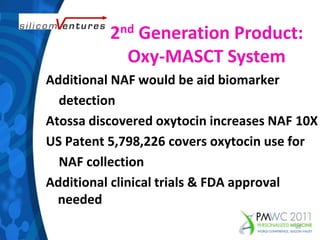 2nd Generation Product:Oxy-MASCT SystemAdditional NAF would be aid biomarker    detectionAtossa discovered oxytocin increases NAF 10XUS Patent 5,798,226 covers oxytocin use for    NAF collectionAdditional clinical trials & FDA approval        needed20