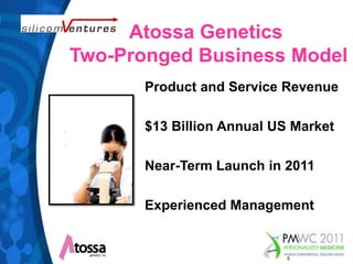 Atossa Genetics Two-Pronged Business ModelProduct and Service Revenue $13 Billion Annual US MarketNear-Term Launch in 2011Experienced Management5