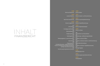 139138
140
Brief an die Aktionäre
144
Investor Relations
150
Bericht des Aufsichtsrats
156
Konzern-Lagebericht
157
Unternehmen
157
Grundlagen des Konzerns
168
Wirtschaftsbericht
171
Vergütungsbericht
173
Nachtragsbericht
173
Risikomanagement- und Kontrollsystem
178
Ausschüttung
178
Prognosebericht:
Künftige Wirtschafts- und Branchensituation,
Chancen und Risiken der künftigen Entwicklung,
künftige Unternehmenssituation
179
Versicherung der gesetzlichen Vertreter
180
Konzern-Bilanz
181
Konzern-Gewinn- und Verlustrechnung
181
Konzern-Gesamtergebnisrechnung
182
Konzern-Kapitalflussrechnung
183
Konzern-Eigenkapitalspiegel
184
Konzern-Anhang
185
Informationen zum Unternehmen
185
Bilanzierungs- und Bewertungsmethoden
210
Angaben zur Konzern-Bilanz
224
Angaben zur Konzern-Gewinn- und Verlustrechnung
228
Segmentberichterstattung
230
Angaben zur Konzern- Kapitalflussrechnung
231
Sonstige Angaben
240
Bestätigungsvermerk
241
Versicherung der gesetzlichen Vertreter
242
Finanzkalender
INHALTFINANZBERICHT
 