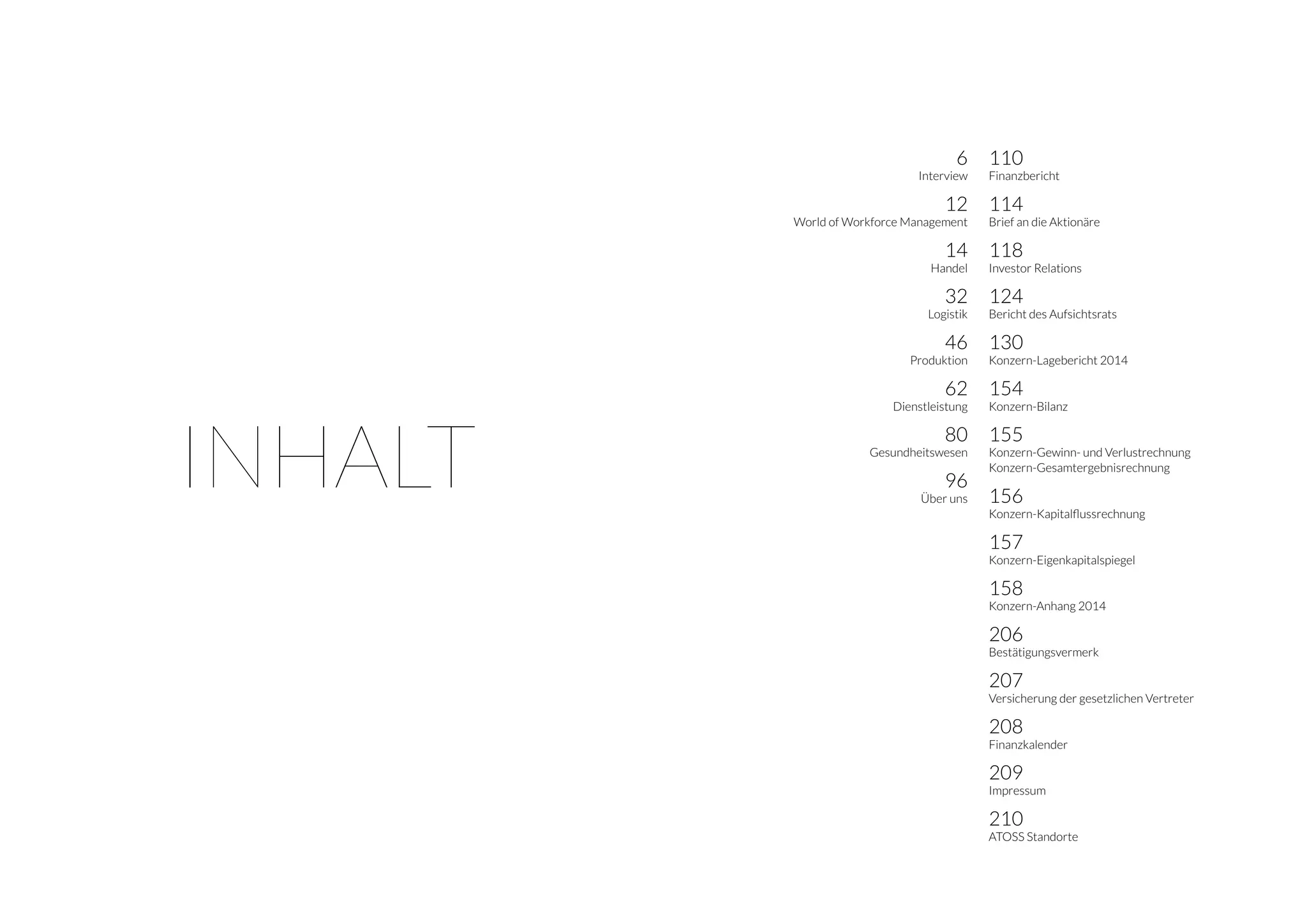 INHALT
6
Interview
12
World of Workforce Management
14
Handel
32
Logistik
46
Produktion
62
Dienstleistung
80
Gesundheitswesen
96
Über uns
110
Finanzbericht
114
Brief an die Aktionäre
118
Investor Relations
124
Bericht des Aufsichtsrats
130
Konzern-Lagebericht 2014
154
Konzern-Bilanz
155
Konzern-Gewinn- und Verlustrechnung
Konzern-Gesamtergebnisrechnung
156
Konzern-Kapitalflussrechnung
157
Konzern-Eigenkapitalspiegel
158
Konzern-Anhang 2014
206
Bestätigungsvermerk
207
Versicherung der gesetzlichen Vertreter
208
Finanzkalender
209
Impressum
210
ATOSS Standorte
 
