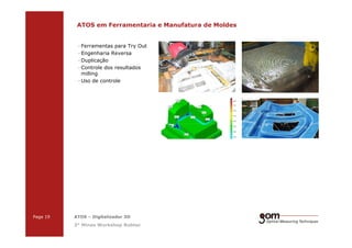 2-Frame Setup / Frame 22-Frame Setup / Frame 1
ATOS em Ferramentaria e Manufatura de Moldes
· Ferramentas para Try Out
· Engenharia Reversa
· Duplicação
· Controle dos resultados
milling
· Uso de controle
3-Frame Setup / Frame 1 3-Frame Setup / Frame 2 3-Frame Setup / Frame 3
Page 19 ATOS – Digitalizador 3D
3° Minas Workshop Robtec
 
