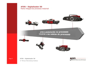 2-Frame Setup / Frame 22-Frame Setup / Frame 1
ATOS HR
ATOS II/IIe/III
Primeira Geracao
ATOS II/IIe/III
ATOS – Digitalizador 3D
Parte integral do processo indutrial
3-Frame Setup / Frame 1 3-Frame Setup / Frame 2 3-Frame Setup / Frame 3
Page 4 ATOS – Digitalizador 3D
3° Minas Workshop Robtec
ATOS Std.
ATOS HR SO
ATOS I
 
