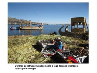 Os Uros constrúen vivendas sobre o lago Titicaca e barcas e 
balsas para navegar. 
 