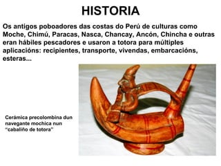 HISTORIA 
Os antigos poboadores das costas do Perú de culturas como 
Moche, Chimú, Paracas, Nasca, Chancay, Ancón, Chincha e outras 
eran hábiles pescadores e usaron a totora para múltiples 
aplicacións: recipientes, transporte, vivendas, embarcacións, 
esteras... 
Cerámica precolombina dun 
navegante mochica nun 
“cabaliño de totora” 
 