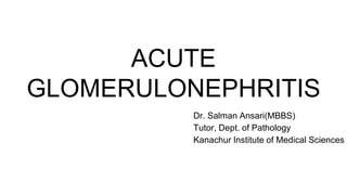 ACUTE
GLOMERULONEPHRITIS
Dr. Salman Ansari(MBBS)
Tutor, Dept. of Pathology
Kanachur Institute of Medical Sciences
 