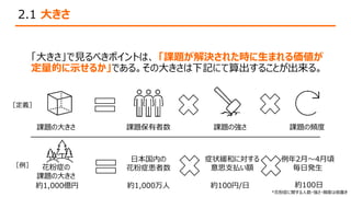 2.1 大きさ
「大きさ」で見るべきポイントは、 「課題が解決された時に生まれる価値が
定量的に示せるか」である。その大きさは下記にて算出することが出来る。
課題保有者数 課題の強さ 課題の頻度
課題の大きさ
日本国内の
花粉症患者数
症状緩和に対する
意思支払い額
例年2月～4月頃
毎日発生
花粉症の
課題の大きさ
約1,000万人 約100円/日 約100日
*花粉症に関する人数・強さ・頻度は仮置き
約1,000億円
［定義］
［例］
 