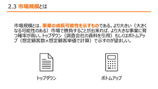 2.3 市場規模とは
市場規模とは、事業の成長可能性を示すものである。より大きい（大きく
なる可能性のある）市場で勝負することが出来れば、より大きな事業に育
つ確率が高い。トップダウン（調査会社の資料を引用）もしくはボトムアッ
プ（想定顧客数×想定顧客単価で計算）で示すのが望ましい。
トップダウン ボトムアップ
 