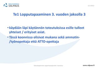 11.5.2012




    Te1 Lopputapaaminen 3. vuoden jaksolla 3


• käydään läpi käytännön toteutuksissa esille tulleet
  yhteiset / erityiset asiat.
• Tässä koonnissa olisivat mukana sekä ammatin-
  /työnopettaja että ATTO-opettaja




                  Työssäoppimisen oppimisympäristöt –koulutus
 