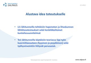 11.5.2012




          Alustava idea toteutukselle


• Li1 lähitunneilla tehtäisiin hapenoton ja lihaskunnon
  lähtötasotestaukset sekä henkilökohtaiset
  kuntoilusuunnitelmat

• Te1 lähitunneilla käytäisiin teoriassa läpi työn
  kuormittavuuteen (fyysinen ja psyykkinen) sekä
  työhyvinvointiin liittyvät perusasiat.




               Työssäoppimisen oppimisympäristöt –koulutus
 