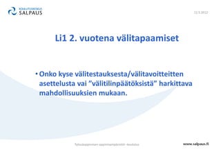 11.5.2012




      Li1 2. vuotena välitapaamiset


• Onko kyse välitestauksesta/välitavoitteitten
  asettelusta vai ”välitilinpäätöksistä” harkittava
  mahdollisuuksien mukaan.




            Työssäoppimisen oppimisympäristöt –koulutus
 