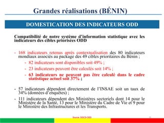 Source: DGCS-ODD 16
Grandes réalisations (BÉNIN)
DOMESTICATION DES INDICATEURS ODD
Compatibilité de notre système d’information statistique avec les
indicateurs des cibles priorisées ODD
- 168 indicateurs retenus après contextualisation des 80 indicateurs
mondiaux associés au package des 49 cibles prioritaires du Bénin ;
- 82 indicateurs sont disponibles soit 49% ;
- 23 indicateurs peuvent être calculés soit 14% ;
- 63 indicateurs ne peuvent pas être calculé dans le cadre
statistique actuel soit 37% ;
- 57 indicateurs dépendent directement de l’INSAE soit un taux de
34% (données d’enquêtes) ;
- 111 indicateurs dépendent des Ministères sectoriels dont 14 pour le
Ministère de la Santé, 13 pour le Ministère du Cadre de Vie et 9 pour
le Ministère des Infrastructures et les Transports.
 