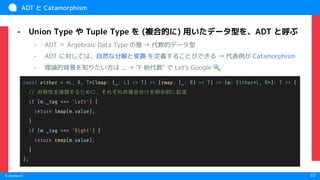 　
© Chatwork 10
ADT と Catamorphism
- Union Type や Tuple Type を (複合的に) 用いたデータ型を、ADT と呼ぶ
- ADT ＝ Argebraic Data Type の意 → 代数的データ型
- ADT に対しては、自然な分解と変換 を定義することができる → 代表例が Catamorphism
- 理論的背景を知りたい方は ... → "F 始代数" で Let's Google 🔍
const either = <L, R, T>(lmap: (_: L) => T) => (rmap: (_: R) => T) => (m: Either<L, R>): T => {
// 対称性を強調するために、それぞれの場合分けを明示的に記述
if (m._tag === 'Left') {
return lmap(m.value);
}
if (m._tag === 'Right') {
return rmap(m.value);
}
};
 
