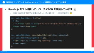 　
© Chatwork 13
現実的なユースケース in Chatwork → リリース基盤のバックエンド実装
- Ramda.js をフル活用して、CLI や CRON を実装しています 🗒
- 余談) 公式技術ブログに記事化したいと思い続けて、一年半が過ぎた 😇
const rejectEmptyEffect = R.ifElse(
R.isEmpty,
() => Promise.reject(new Error('スナップショットに含めるべきファイルが存在しません')),
Promise.resolve.bind(Promise),
);
const uploadFileEffect = createUploadFileEffect(s3Env, birdcageEnv);
const uploadFileWithLoggingEffect = R.pipe(
R.tap<File>((ﬁle) => console.log(`Uploading: ${ﬁle.name}`)),
uploadFileEffect,
);
 