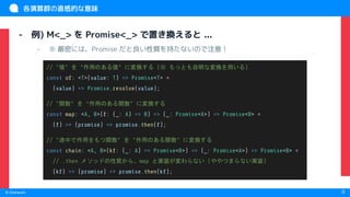 　
© Chatwork 8
各演算群の直感的な意味
- 例) M<_> を Promise<_> で置き換えると ...
- ※ 厳密には、Promise だと良い性質を持たないので注意！
// "値" を "作用のある値" に変換する (※ もっとも自明な変換を用いる)
const of: <T>(value: T) => Promise<T> =
(value) => Promise.resolve(value);
// "関数" を "作用のある関数" に変換する
const map: <A, B>(f: (_: A) => B) => (_: Promise<A>) => Promise<B> =
(f) => (promise) => promise.then(f);
// "途中で作用をもつ関数" を "作用のある関数" に変換する
const chain: <A, B>(kf: (_: A) => Promise<B>) => (_: Promise<A>) => Promise<B> =
// .then メソッドの性質から、map と実装が変わらない (ややつまらない実装)
(kf) => (promise) => promise.then(kf);
 