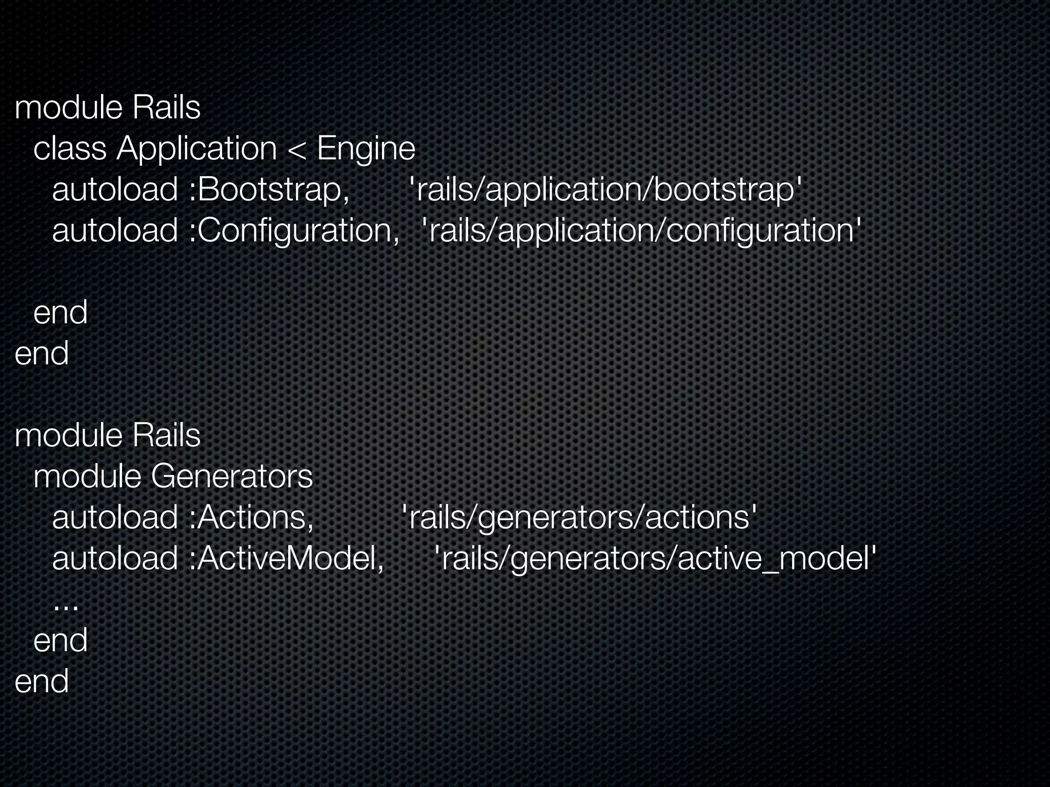 module Rails
 class Application < Engine
  autoload :Bootstrap,     'rails/application/bootstrap'
  autoload :Conﬁguration, 'rails/application/conﬁguration'

 end
end

module Rails
 module Generators
  autoload :Actions,    'rails/generators/actions'
  autoload :ActiveModel, 'rails/generators/active_model'
  ...
 end
end
 
