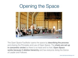 The Open Space Facilitator opens the space by describing the process
and sharing the Principles and Law of Open Space. The chairs are set up
in concentric circles so there is no head and no foot. Open Space
works because it deletes hierarchy and has everyone doing the Dance
of Leader and Follower.
Opening the Space
www.openspacemeetings.com
 
