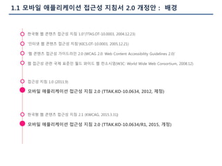 1.1 모바일 애플리케이션 접근성 지침서 2.0 개정안 : 배경
한국형 웹 콘텐츠 접근성 지침 2.1 (KWCAG, 2015.3.31)
한국형 웹 콘텐츠 접근성 지침 1.0”(TTAS.OT-10.0003, 2004.12.23)
‘인터넷 웹 콘텐츠 접근성 지침’(KICS.OT-10.0003, 2005.12.21)
‘웹 콘텐츠 접근성 가이드라인 2.0 (WCAG 2.0: Web Content Accessibility Guidelines 2.0)’
웹 접근성 관련 국제 표준인 월드 와이드 웹 컨소시엄(W3C: World Wide Web Consortium, 2008.12)
접근성 지침 1.0 (2011.9)
모바일 애플리케이션 접근성 지침 2.0 (TTAK.KO-10.0634, 2012, 제정)
모바일 애플리케이션 접근성 지침 2.0 (TTAK.KO-10.0634/R1, 2015, 개정)
 