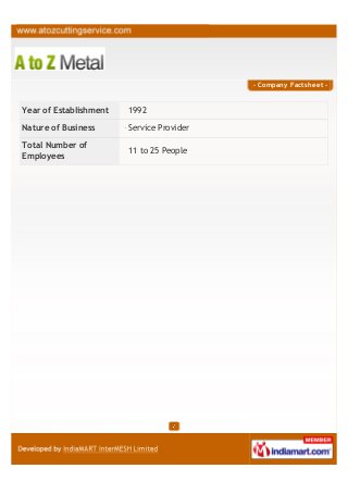 - Company Factsheet -
Year of Establishment 1992
Nature of Business Service Provider
Total Number of
Employees
11 to 25 Pe...