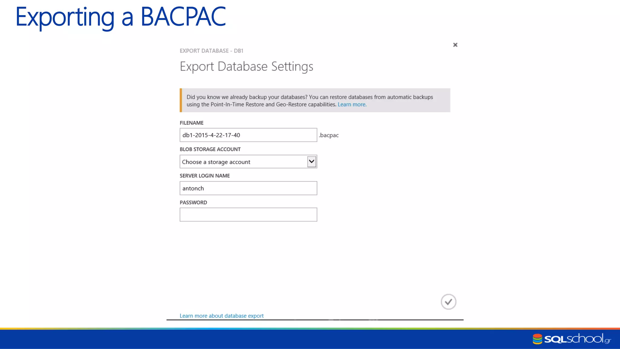 Exporting a BACPAC 