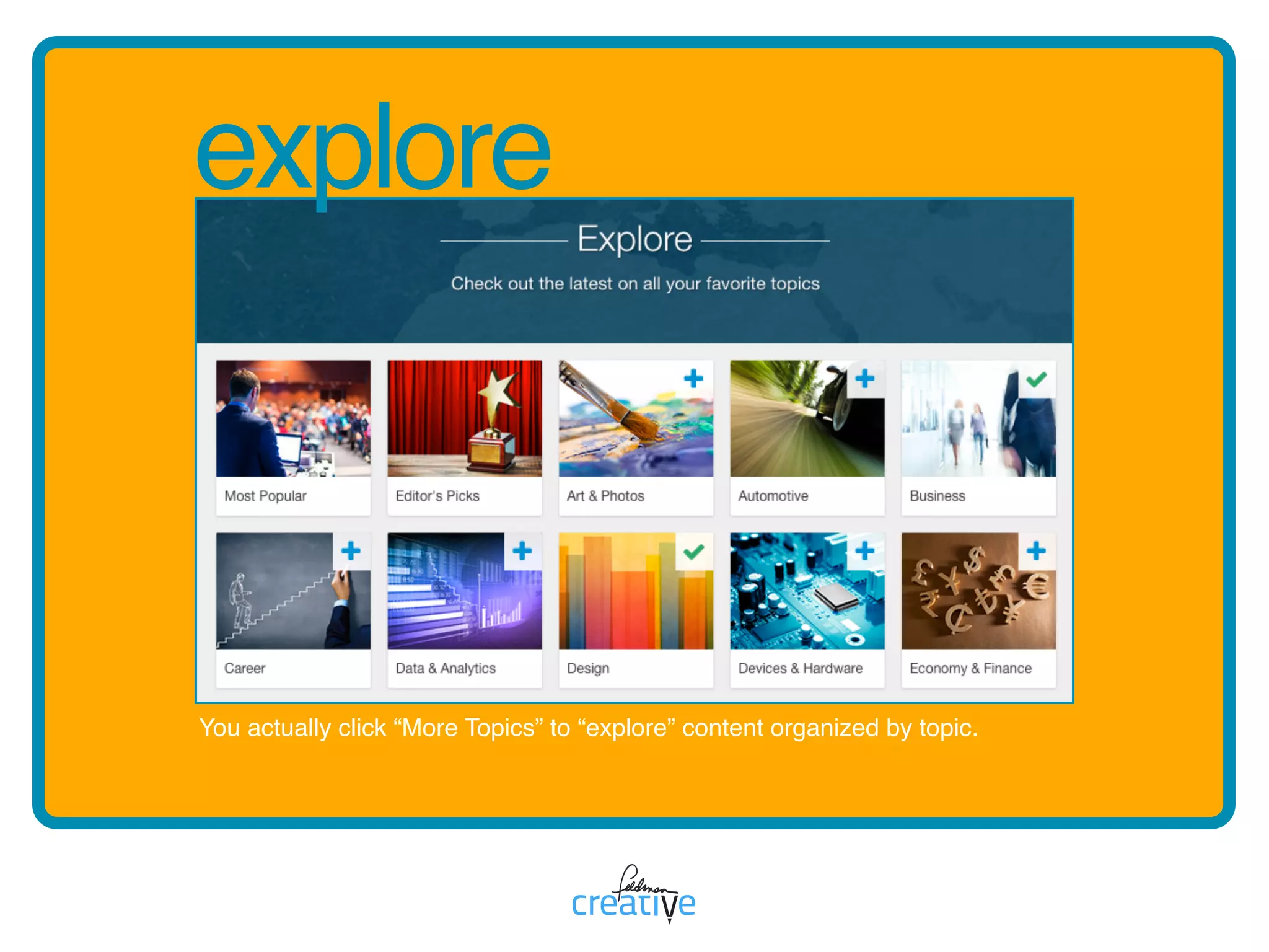 explore
You actually click “More Topics” to “explore” content organized by topic.
 