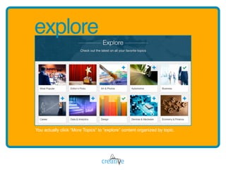 explore
You actually click “More Topics” to “explore” content organized by topic.
 