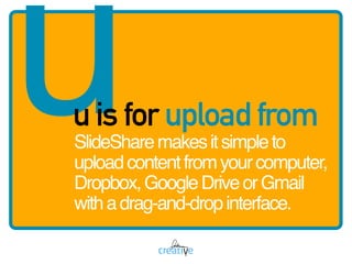 uu is for upload from
SlideSharemakesitsimpleto
uploadcontentfromyourcomputer,
Dropbox,GoogleDriveorGmail
withadrag-and-dr...